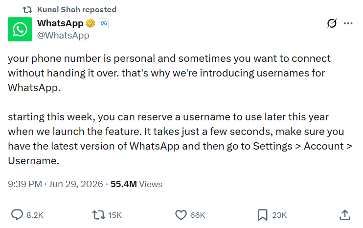 WhatsApp Username Feature: नए फीचर की जांच करेगी सरकार; कहा- टेलीग्राम की तरह गलत इस्तेमाल की आशंका 1 Screenshot 2026 07 01 181434